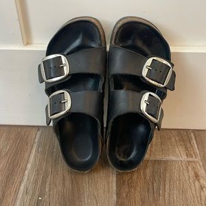 Black Birkenstocks! Silver buckle GREAT condition only slightly worn!